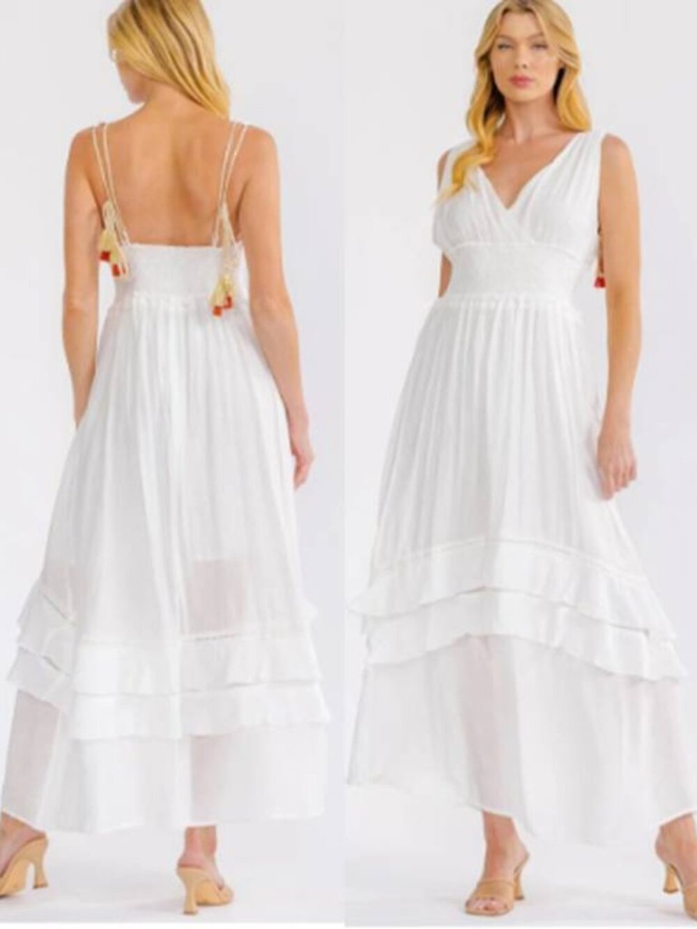 AC Elegant BOHO V-Neck Maxi Dress Tassel Tie Open Back Smock Waist Party White